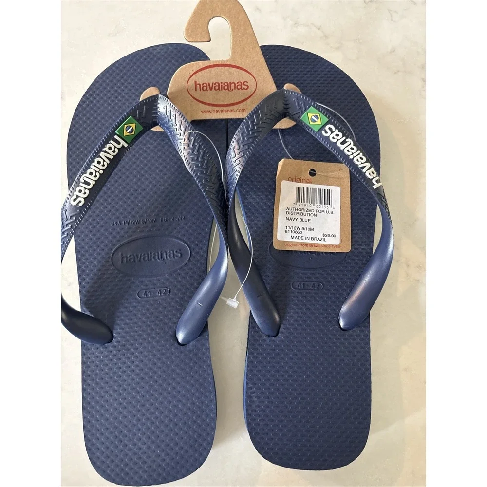 Havaianas Mens 9/10 Brazil Navy Flip Flop Sandals Logo EU 41/42 New Womens 11/12